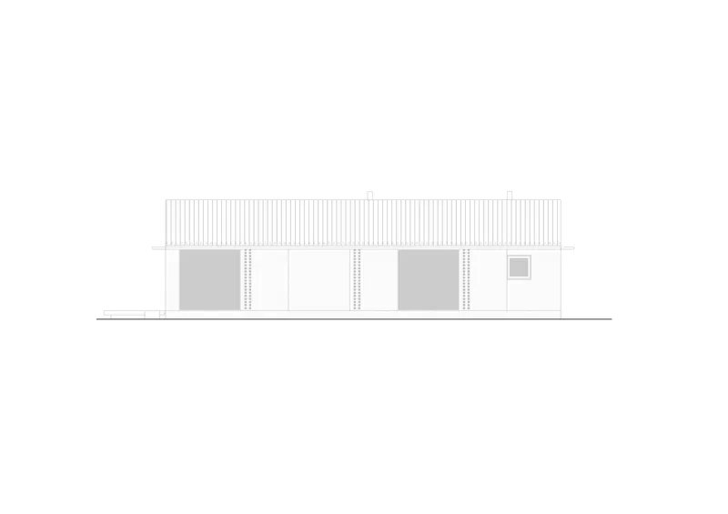Elevation drawing depicting the opposite facade with alternating solid and glazed bays beneath a corrugated roof