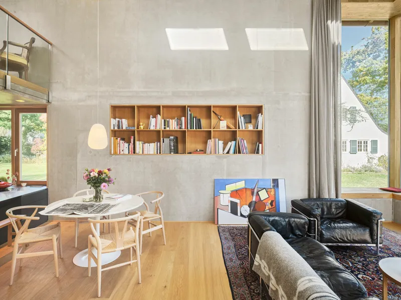 Open-plan living area with recessed timber bookshelf wall and two rectangular skylights above dining table