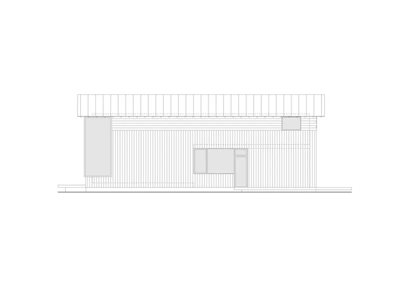 Elevation drawing of a gabled structure with horizontal cladding and a central window grouping