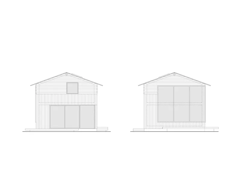 Two elevation drawings of gabled buildings with horizontal siding and large ground-level openings