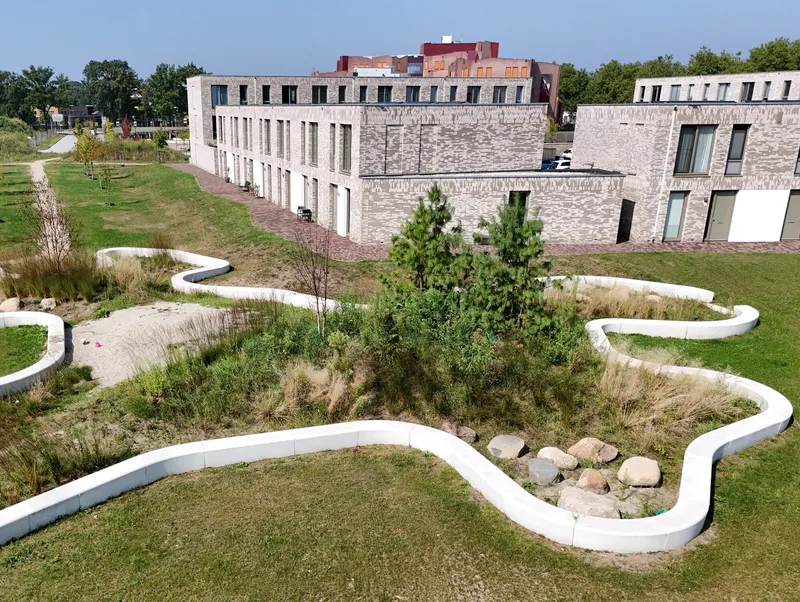 Aerial view of sinuous white-edged planting beds between brick housing blocks and lawn