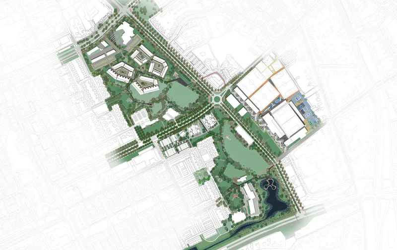 Masterplan drawing depicting residential clusters, green corridors and street networks across the neighborhood