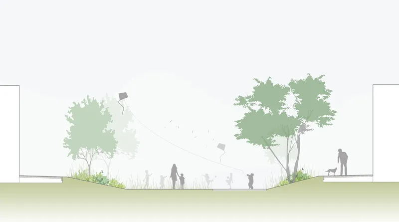 Section drawing showing a sloped landscape with trees, figures with a dog, and kites flying overhead