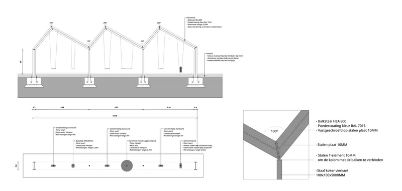 Construction detail drawings of steel column foundations and connection assemblies for gabled roof structures