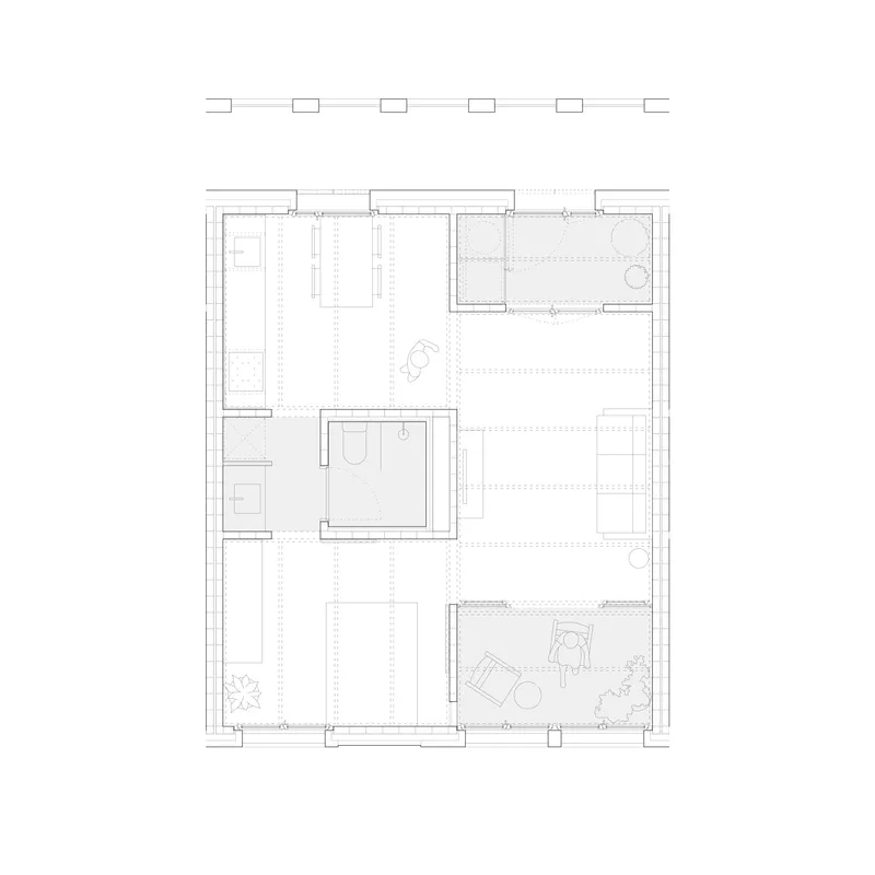 Unit floor plan drawing showing living space, bathroom, sleeping area, and small outdoor terrace with plantings