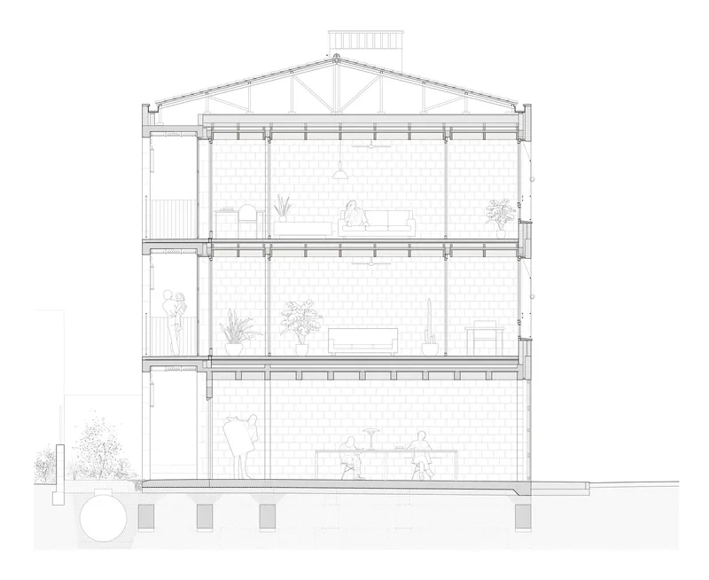 Section drawing showing a three-story structure with exposed timber trusses and interior plantings