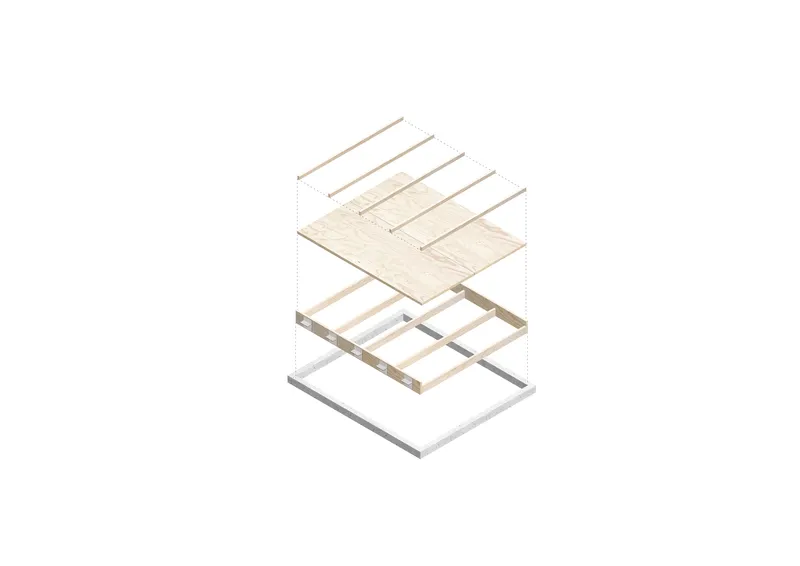 Exploded axonometric drawing illustrating layered timber flooring and structural beam assembly