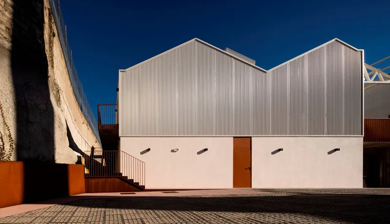Twin gabled volumes with vertical metal cladding above a white rendered base under deep blue sky