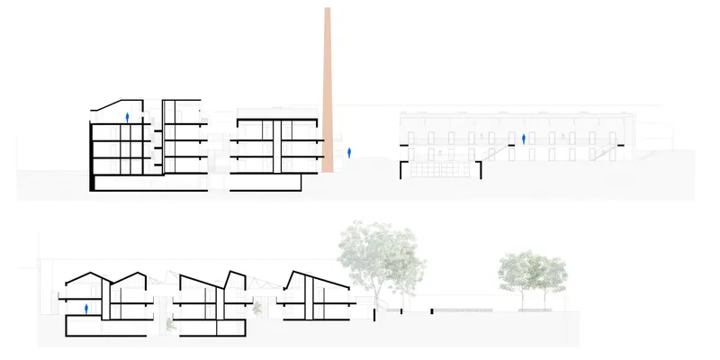 Section and elevation drawings illustrating multi-level volumes with pitched roofs and trees in foreground