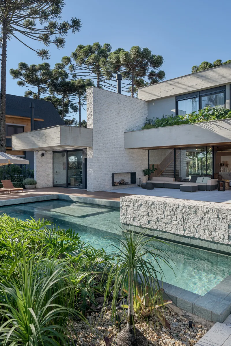 Multilevel pool terrace with gabion retaining walls and planted beds beneath towering pines