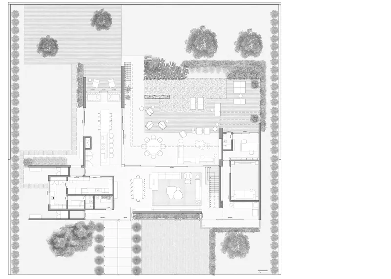 Floor plan drawing showing L-shaped volumes enclosing terraces and gardens with trees