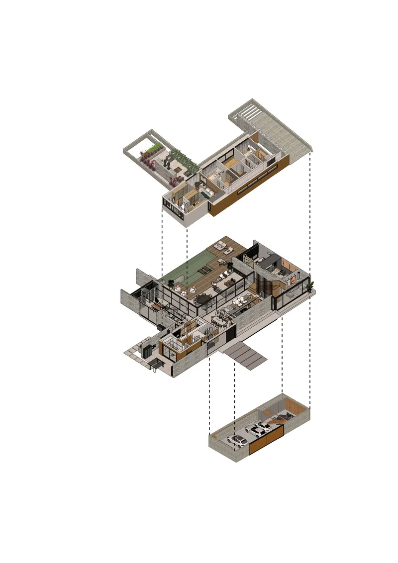 Exploded axonometric drawing showing three levels with stairs connecting upper and lower volumes