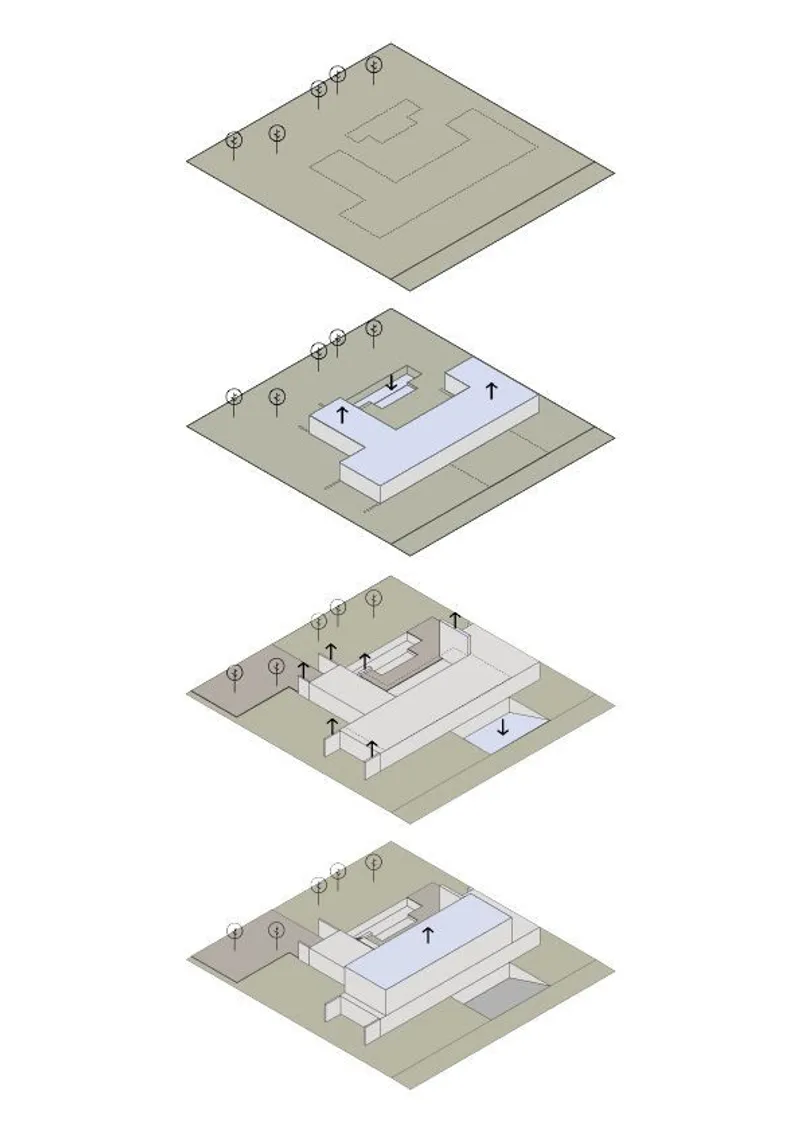 Axonometric sequence diagram showing four stages of massing development on a landscaped site