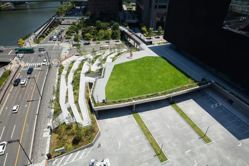Aerial view of the rooftop lawn and curving planted beds adjacent to parking and roadway