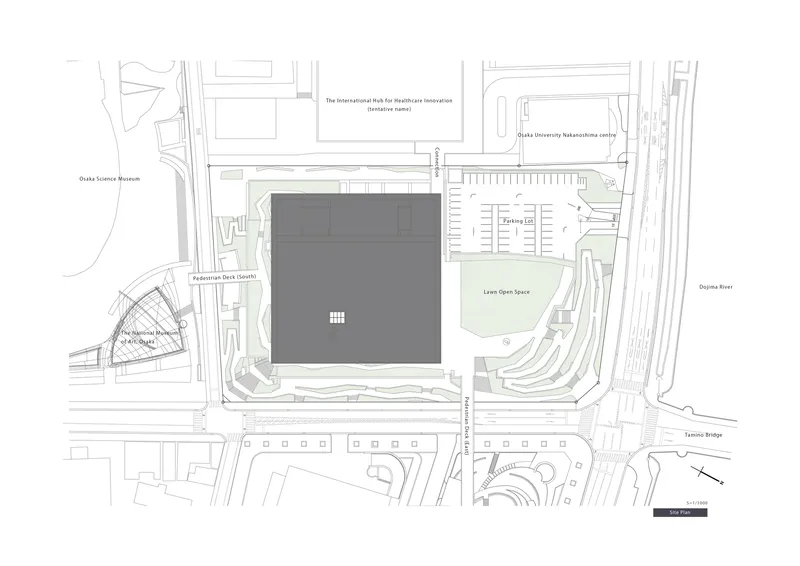 Site plan drawing showing square building footprint surrounded by parking areas and landscaped zones