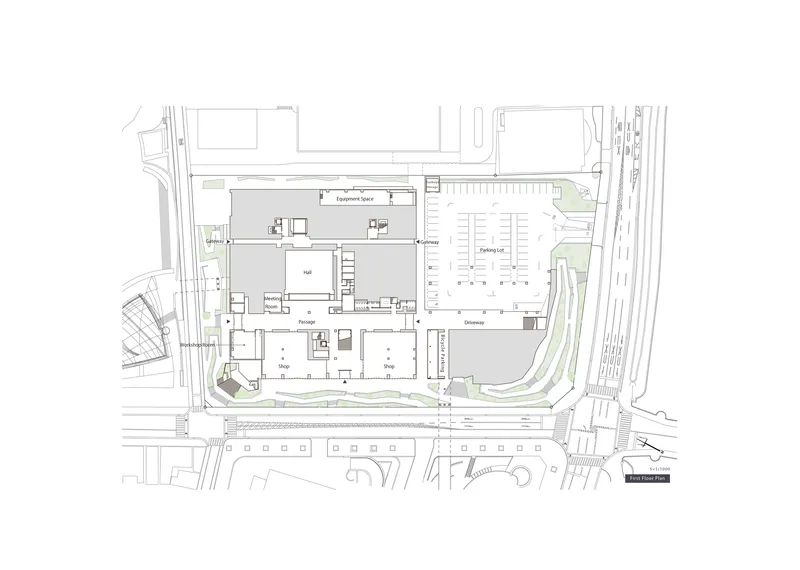 Ground floor plan drawing showing entrance hall and multipurpose spaces arranged around central courtyard