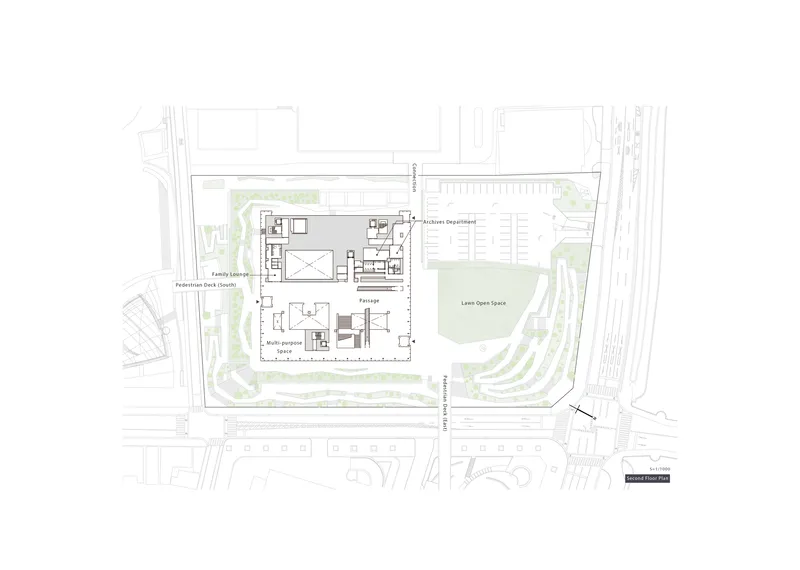 First floor plan drawing depicting exhibition rooms and archive department around central void