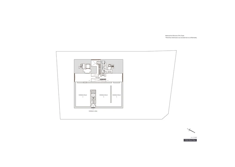 Mezzanine floor plan drawing showing three exhibition rooms with central circulation and vertical connection