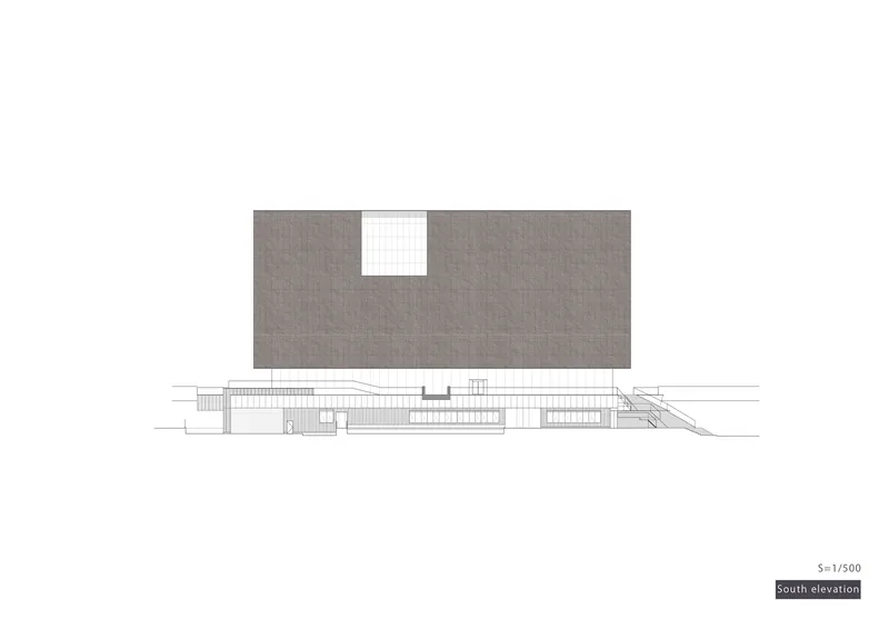 South elevation drawing depicting a gridded roof mass with a central void over a terraced plinth