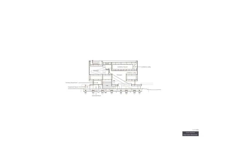 East-west section drawing revealing multiple interior levels with labeled exhibition and archive spaces
