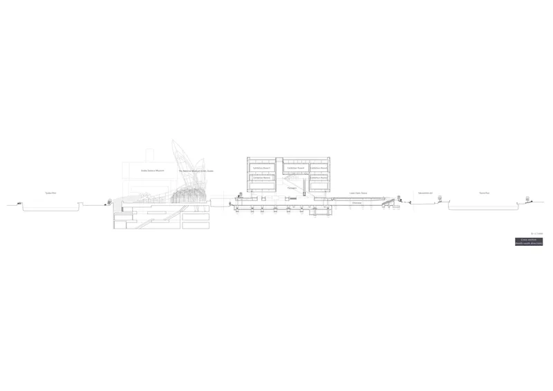 North-south section drawing showing the full longitudinal span with basement storage and upper galleries