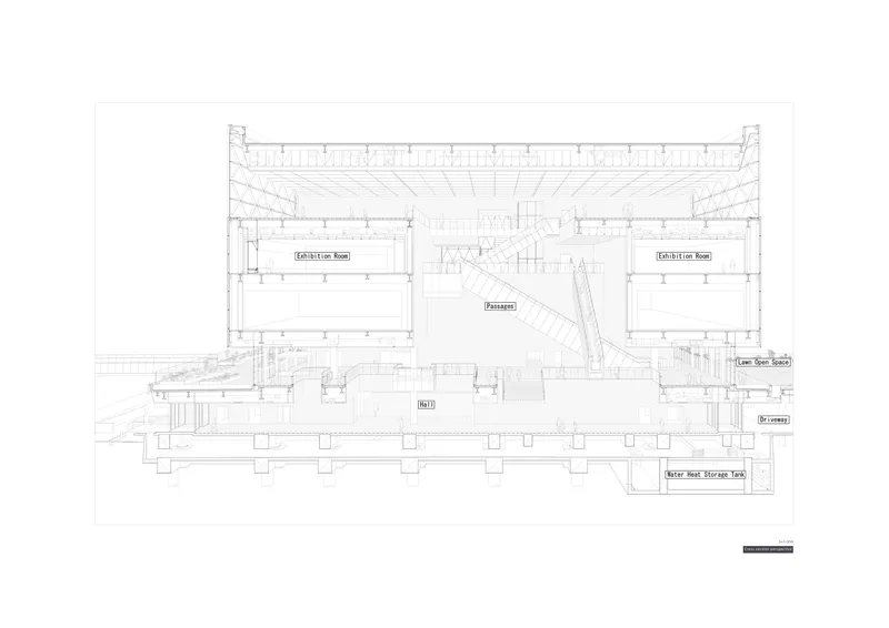 Sectional drawing through the hall showing symmetric exhibition wings flanking a central atrium with diagonal stair