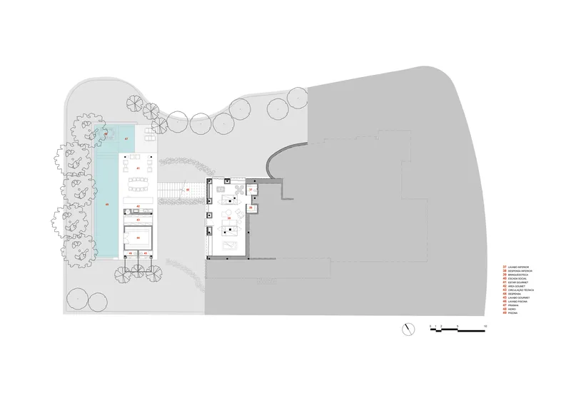 Floor plan drawing showing the residence layout with pool, landscaping, and curved roof volume