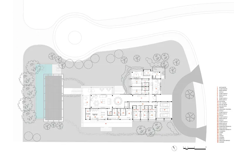 Site plan drawing showing the full compound with pool, multiple buildings, and surrounding landscape elements