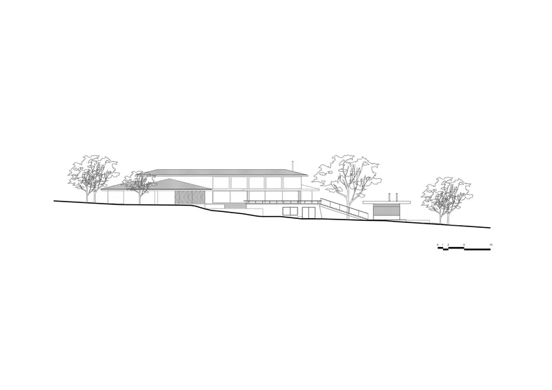 Elevation drawing showing the horizontal massing with overhanging rooflines and scattered trees in the landscape