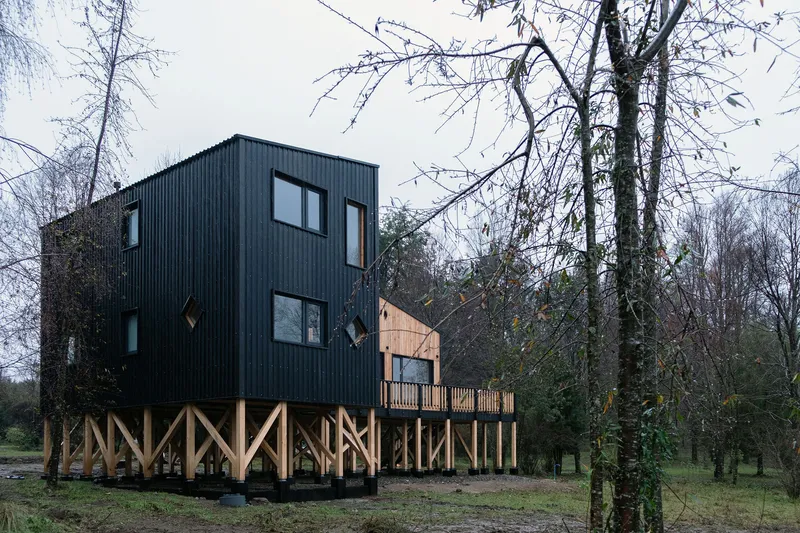 Two-story volume clad in black corrugated metal raised on diagonal timber bracing with bare branches overhead