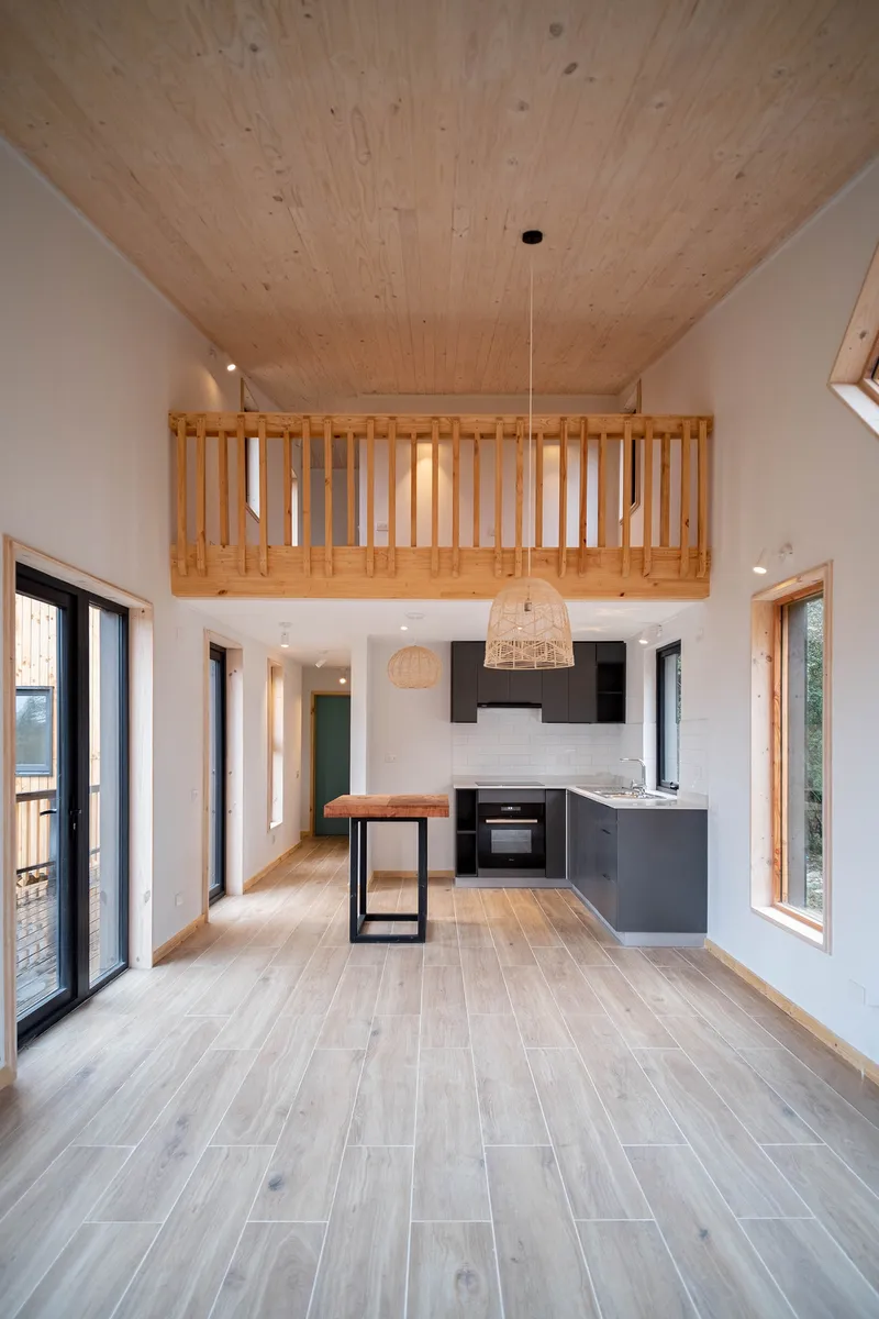 Double-height living space with timber loft balcony, plywood ceiling, and black-framed glazed doors