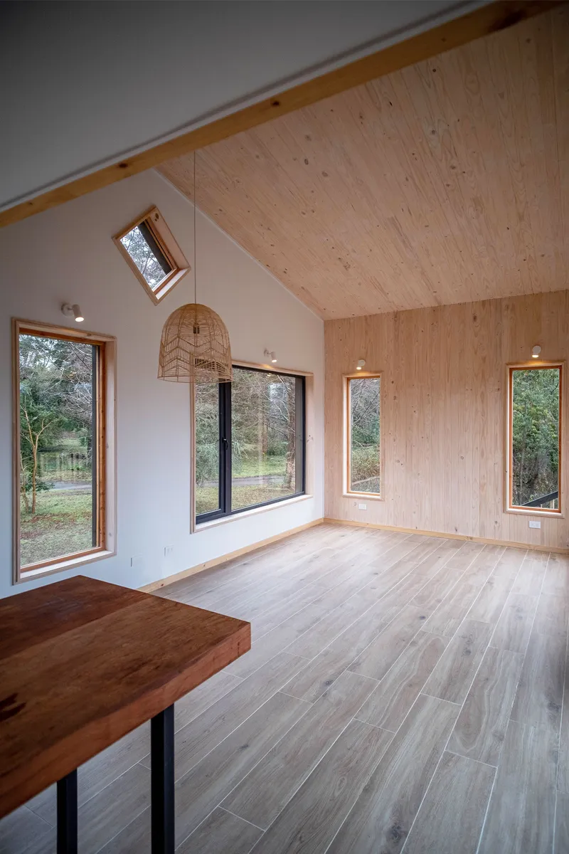Living area with pitched plywood ceiling, skylight, and timber-framed windows overlooking bare winter trees