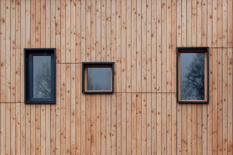 Three black-framed windows at varying heights on vertical timber board cladding reflecting bare branches