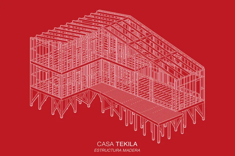 Axonometric drawing illustrating the timber frame structural system with exposed joists and diagonal bracing