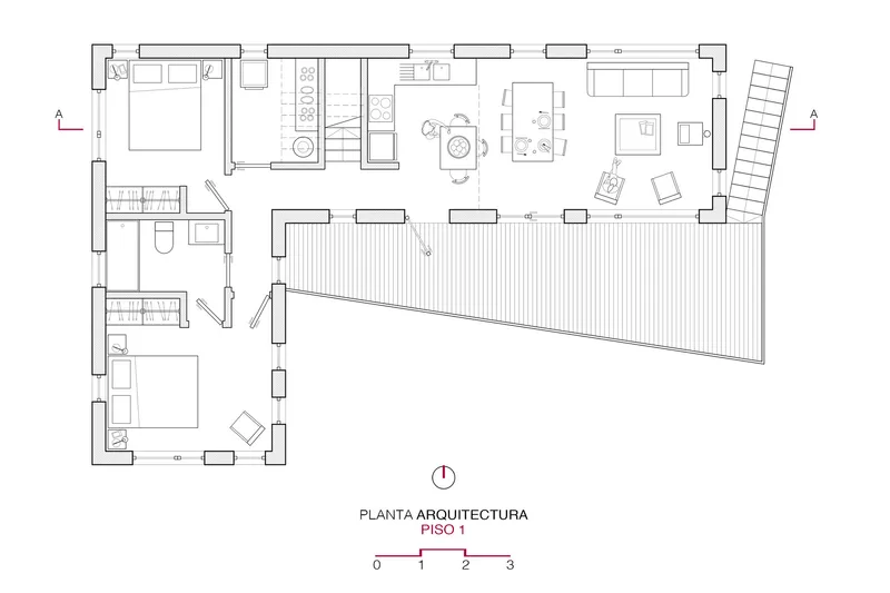 Floor plan drawing showing two bedrooms and an open living area with an angled deck extending to the right