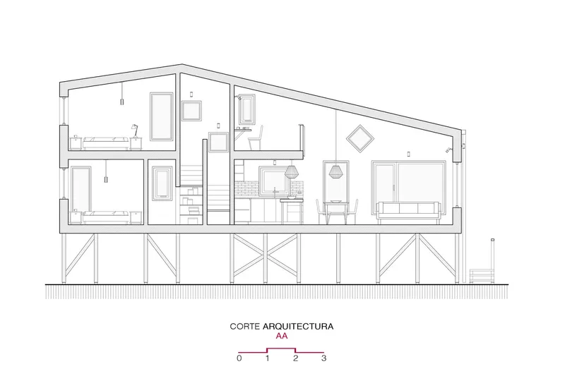 Section drawing showing the split-level interior arrangement on a raised timber platform with cross-braced supports