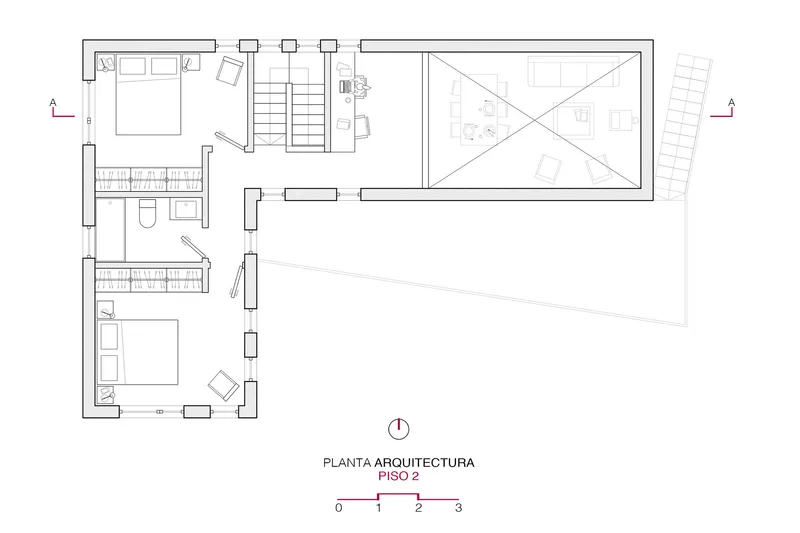 Second floor plan drawing showing bedroom spaces and a double-height void overlooking the main living area