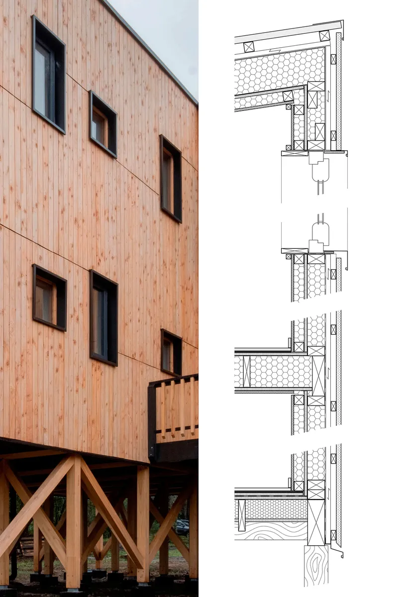Vertical timber slat facade on stilts alongside detail section drawings of wall and floor assemblies