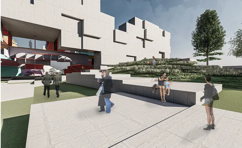 Landscaped public zones and open thresholds connect the school with its urban surroundings while encouraging community engagement.