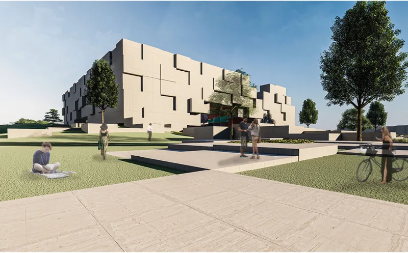 A monolithic exterior shell conceals vibrant interactive interiors, reflecting the contrast between structure and individuality in education.