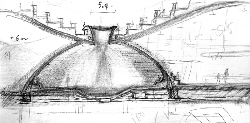 Sketch of a domed roof form with structural supports and pedestrians at ground level