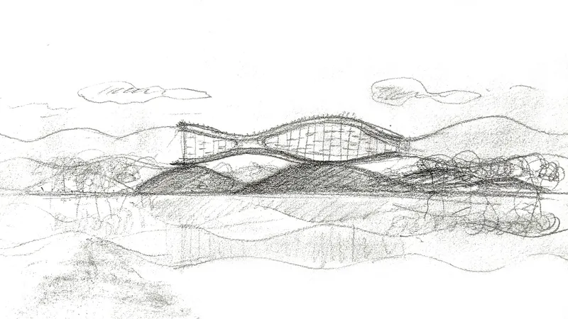 Perspective sketch showing a flowing roof canopy with trees and clouds in the landscape