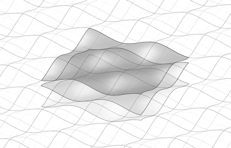 Axonometric diagram illustrating the wavelike roof geometry with contour lines on a topographic field