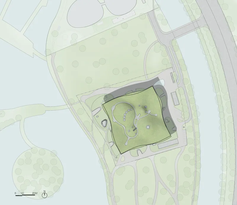 Site plan drawing showing the building footprint surrounded by paths, waterways and landscape zones