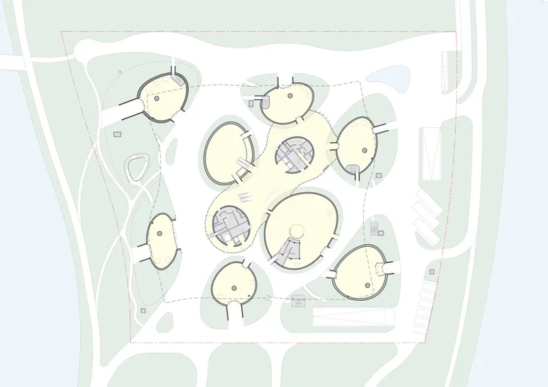 Roof plan drawing depicting circular skylights and domed forms distributed across the undulating surface