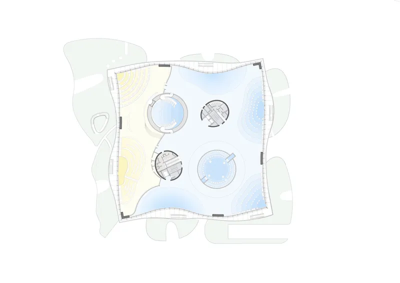Floor plan drawing showing four circular interior spaces with gridded structural patterns and curved perimeter walls