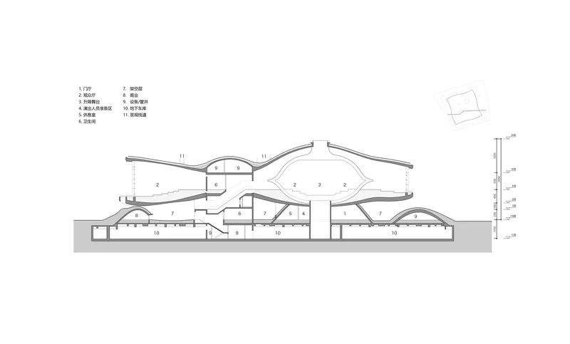 Section drawing showing the undulating roof structure above tiered seating and ground-level spaces