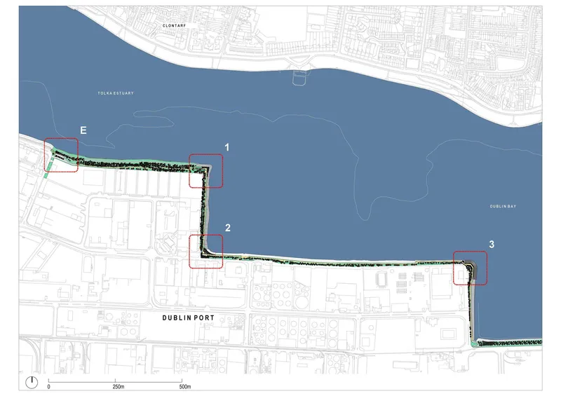 Site plan drawing showing three waterfront sections along a curved bay edge with port area