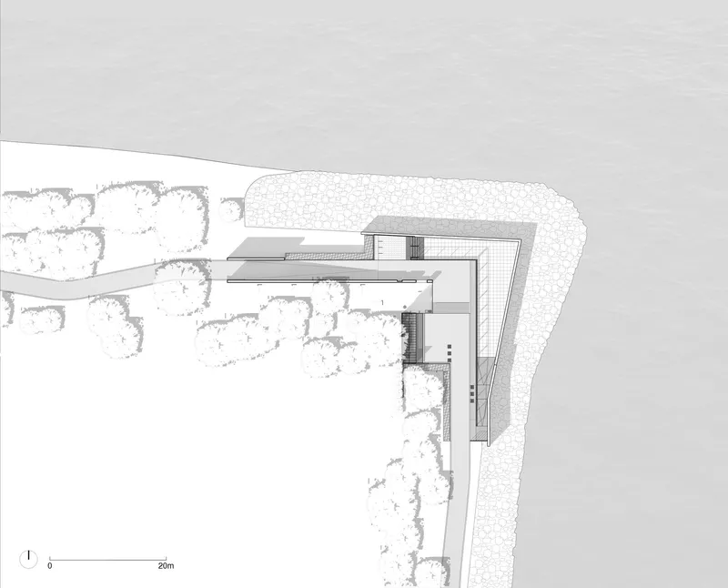 Plan drawing showing angular pavilion structure with planted landscape and textured waterfront edge