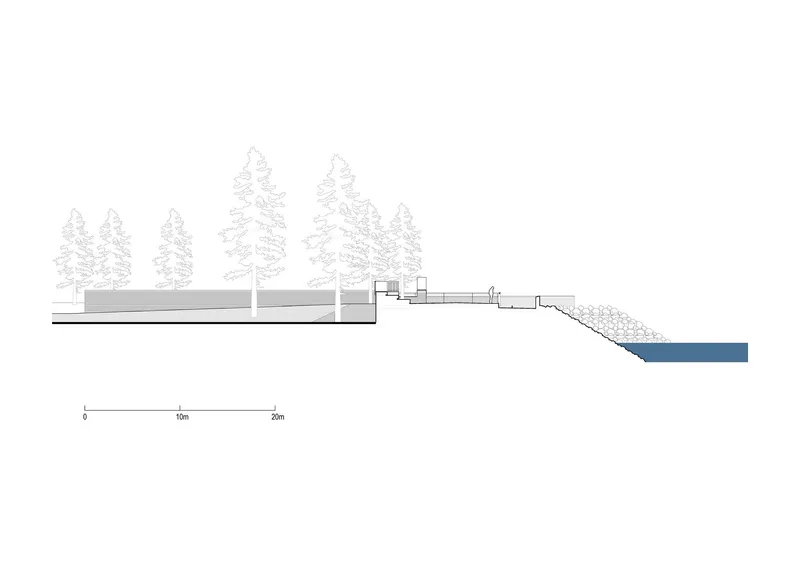 Section drawing showing a low-lying structure among conifer trees descending to a body of water